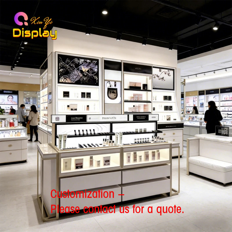 Luxury Skincare Shop - อุปกรณ์ตกแต่งร้านขายผลิตภัณฑ์บำรุงผิวสุดหรู ไฟ LED ทันสมัย ตู้โชว์สแตนเลสและ MDF