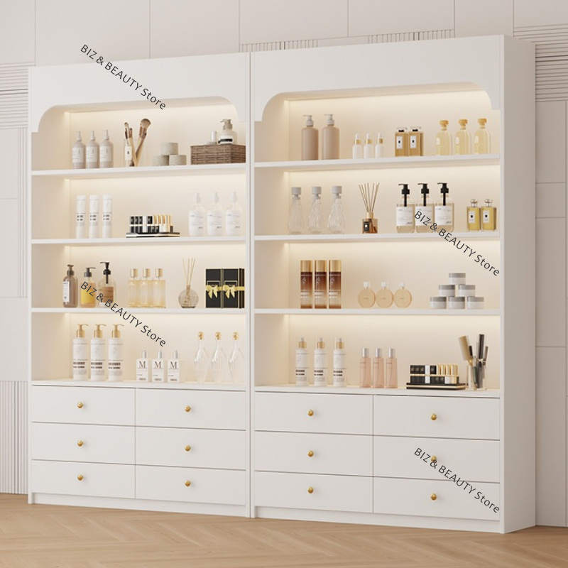 Luxury Skincare Shop - ตู้โชว์ร้านเสริมสวยสไตล์ครีม ตู้เก็บเครื่องสำอางสุดหรูพร้อมไฟส่องสว่าง ชั้นวางโชว์ผลิตภัณฑ์บำรุงผิวสำหรับร้านเสริมสวย JT40