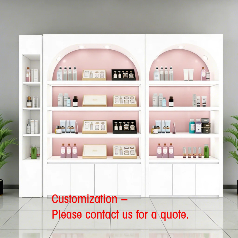 Luxury Skincare Shop - ตู้โชว์สินค้าบำรุงผิวแบบโมเดิร์นสุดหรูสั่งทำพิเศษ วัสดุสแตนเลส พร้อมไฟ LED ทนทาน คุณภาพสูง