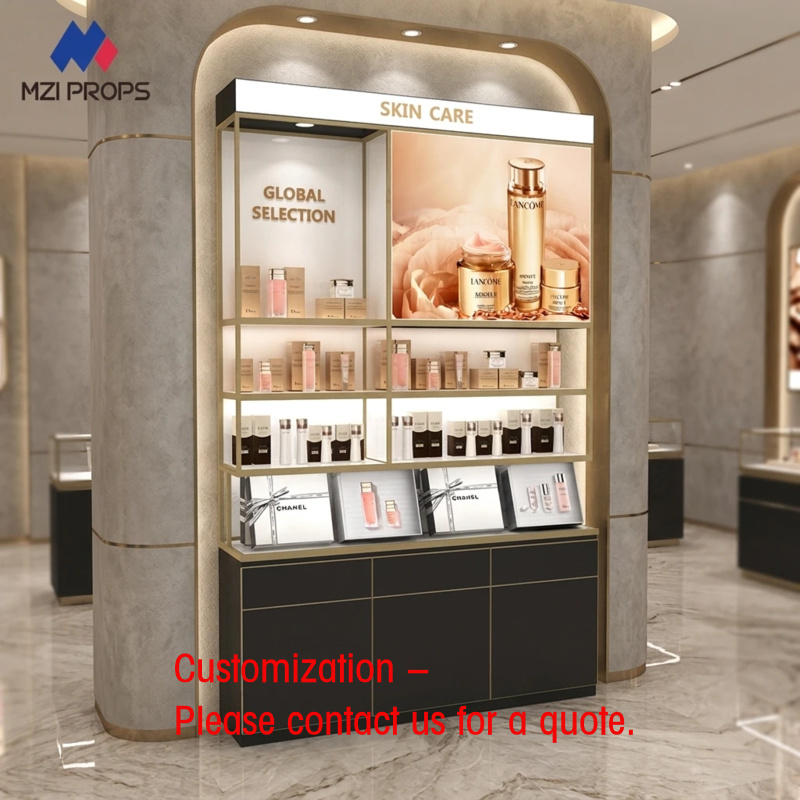 Luxury Skincare Shop - ชั้นวางเครื่องสำอางแบบกำหนดเอง ชั้นโชว์ผลิตภัณฑ์บำรุงผิวสุดหรูสำหรับร้านค้าปลีก พร้อมไฟ LED สำหรับร้านน้ำหอม