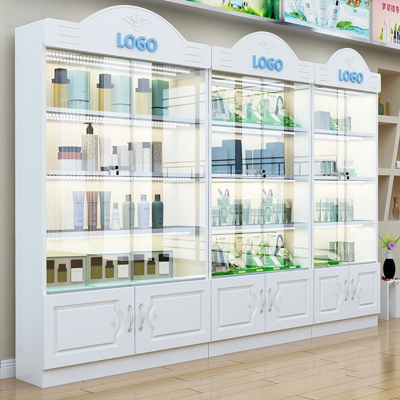 Luxury Skincare Shop - ตู้โชว์ผลิตภัณฑ์ดูแลผิวหรูหราแบบกำหนดเอง ชั้นวางโชว์ผลิตภัณฑ์ทำเล็บสำหรับร้านเสริมสวย ชั้นวางเครื่องสำอางสำหรับร้านค้า